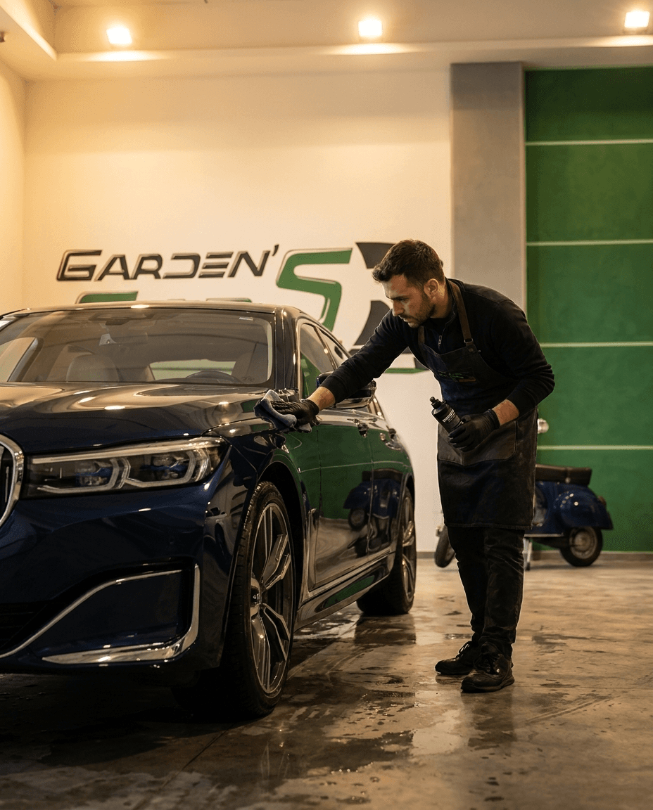 Un addetto Garden Cars cura un'auto nello showroom di Giffoni Valle Piana